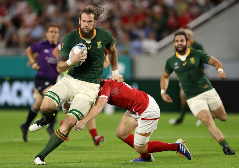 5 RG Snyman (South Africa)
At 2.07m tall, Snyman is difficult to miss. But South Africa’s giant lock still managed to evade enough tackles to make 49 metres with ball in hand against Canada, on his way to the player of the match award. Getty Images