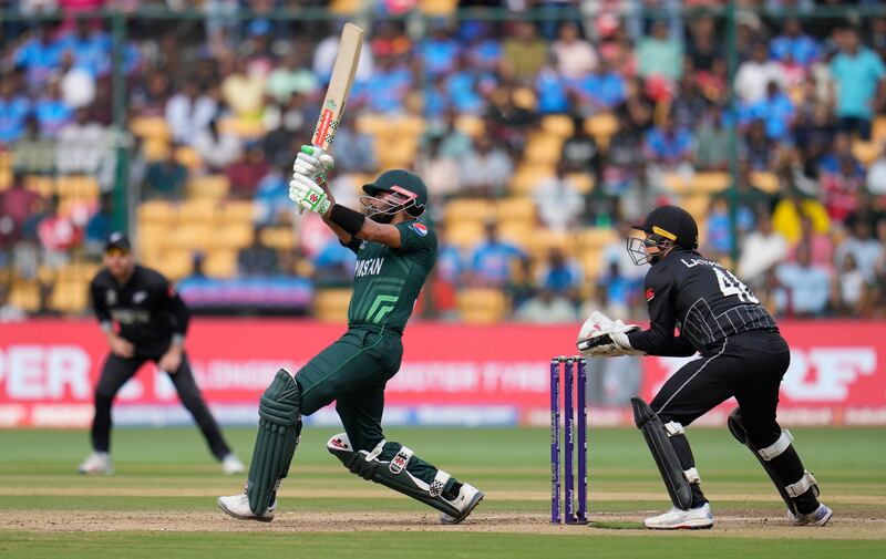 Pakistan's captain Babar Azam hits a boundary. AP