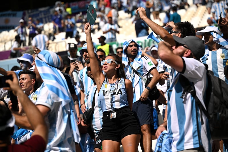 Argentina fans are already filling the stands of the 80,000 capacity Lusail Stadium ahead of their opening World Cup game with Saudi Arabia on Tuesday. Photo: Reuters

