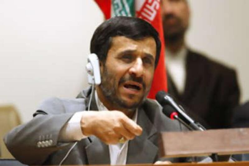 Iran's President Mahmoud Ahmadinejad answers questions at a news conference during the 63rd United Nations General Assembly at the UN headquarters in New York, Sept 23 2008.