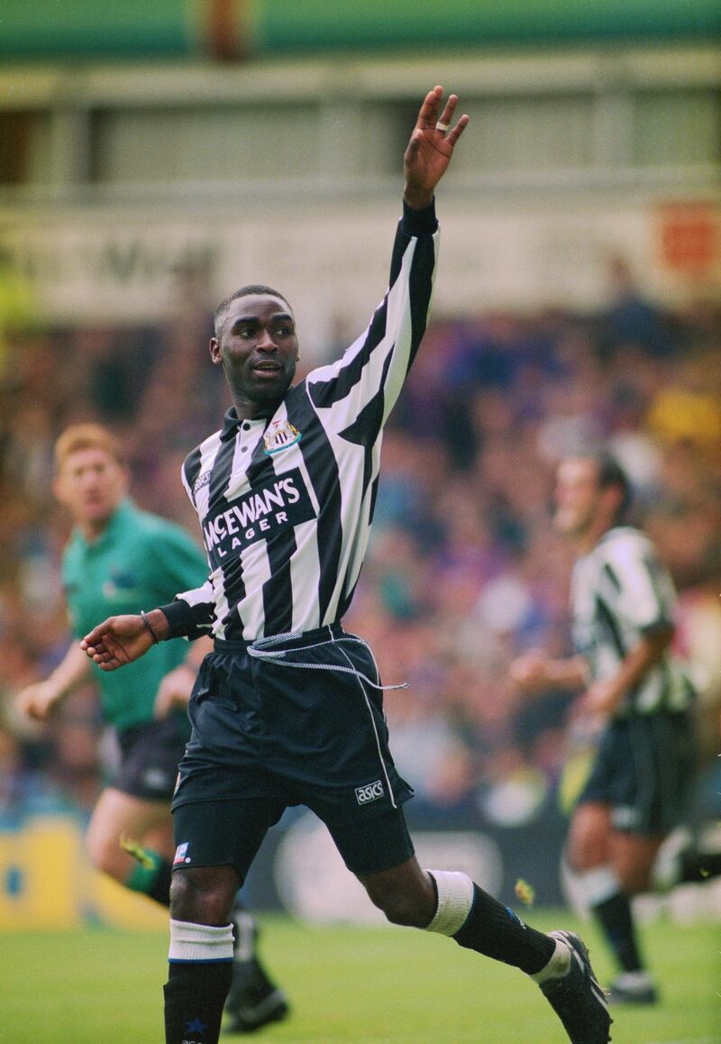 English footballer Andrew Cole of Newcastle United, celebrates his goal against Aston Villa during an English Premier League match at Villa Park, Birmingham, 2nd October 1993. United won the match 2-0. (Photo by Simon Bruty/Getty Images)