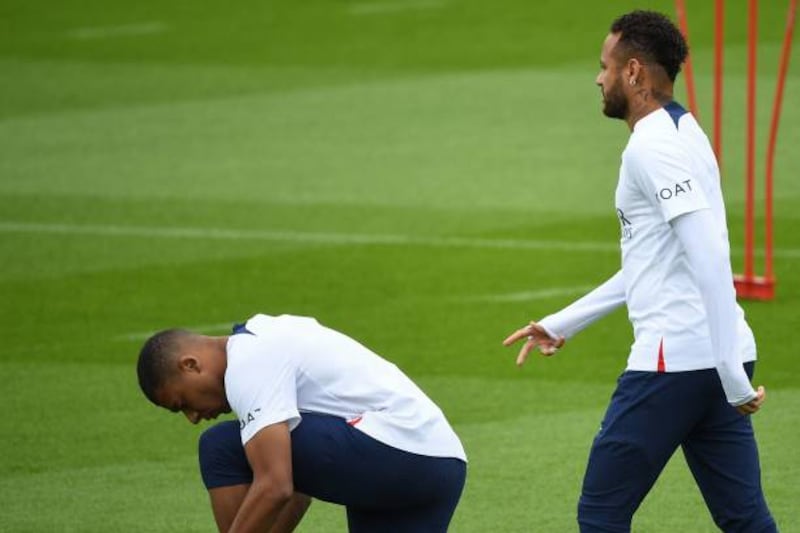 Neymar and Kylian Mbappe take part in PSG's training session. Getty