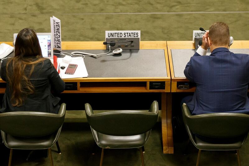 The seat of US Disarmament Ambassador remains empty in protest against Syrian presidency at the Conference on Disarmament, at the United Nations in Geneva, Switzerland. Salvatore Di Nolfi / EPA