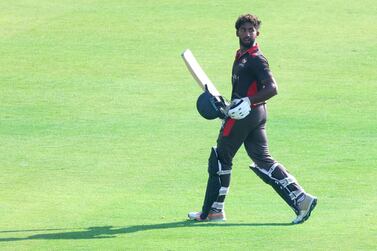 Vriitya Aravind returns to the pavilion after first innings of the ICC World T20 Global Qualifiers A match between Ireland and the UAE in Muscat, Oman on 18th February 2022.