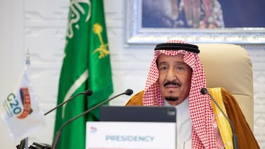 King Salman during a speech at the opening session of the G20 Leaders' Summit in Riyadh in November 2020. Reuters