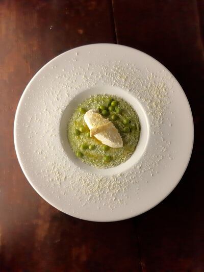 Kattan mixes Palestinian produce with French cooking techniques, such as in this pea cream with laban. Courtesy Fadi Kattan.