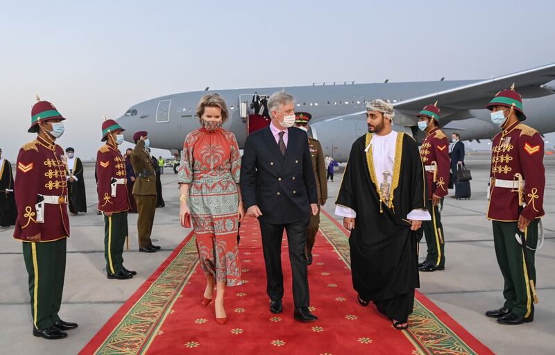 The Belgian royals are greeted by Dhi Yazan bin Haitham, Crown Prince of Oman, on arrival in the capital. Photo: Oman News Agency