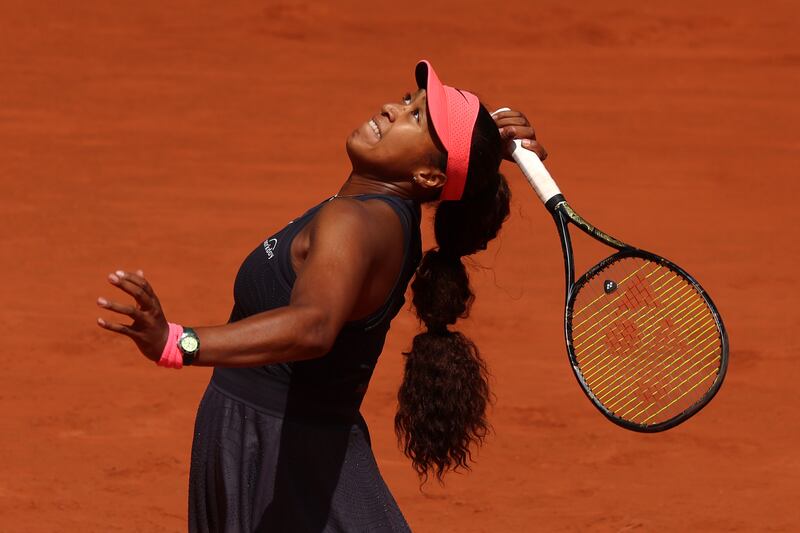 Naomi Osaka of Japan serves against Lucia Bronzetti of Italy in the Women's Singles first round match on day one of the 2024 French Open at Roland Garros. Getty Images