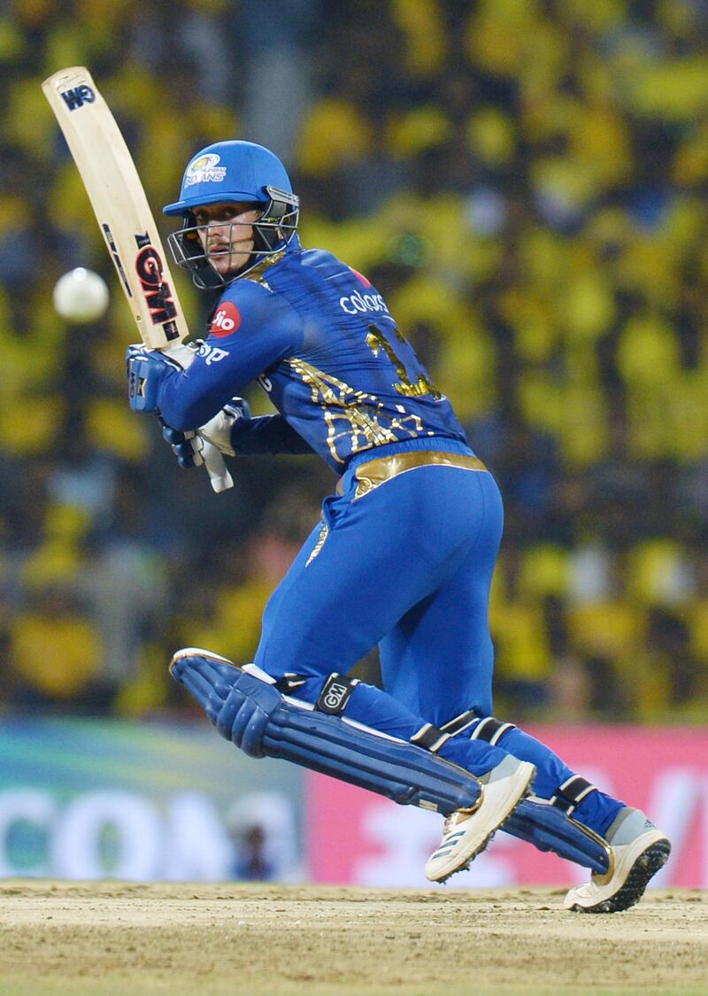 Mumbai Indians cricketer Quinton de Kock plays a shot during the 2019 Indian Premier League (IPL) first Qualifier Twenty20 cricket match between Chennai Super Kings and Mumbai Indians at the MA Chidambaram stadium in Chennai on May 7, 2019. (Photo by ARUN SANKAR / AFP) / IMAGE RESTRICTED TO EDITORIAL USE - STRICTLY NO COMMERCIAL USE