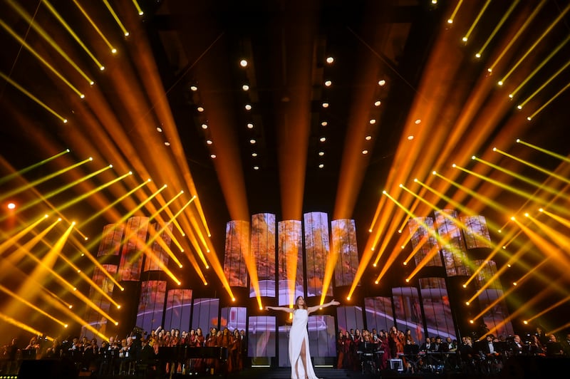Lebanese singer Hiba Tawaji performs during a concert under the slogans 'Night of Hope' in Beirut, Lebanon, 22 May 2022.  The concert is the first to be held in the newly reconstructed Forum de Beyrouth theater after it was destroyed by the 04 August 2020 Beirut port explosion.   EPA / WAEL HAMZEH