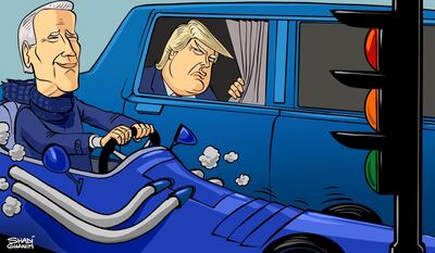 Our cartoonist's take on Joe Biden's position vis-a-vis Donald Trump in April.