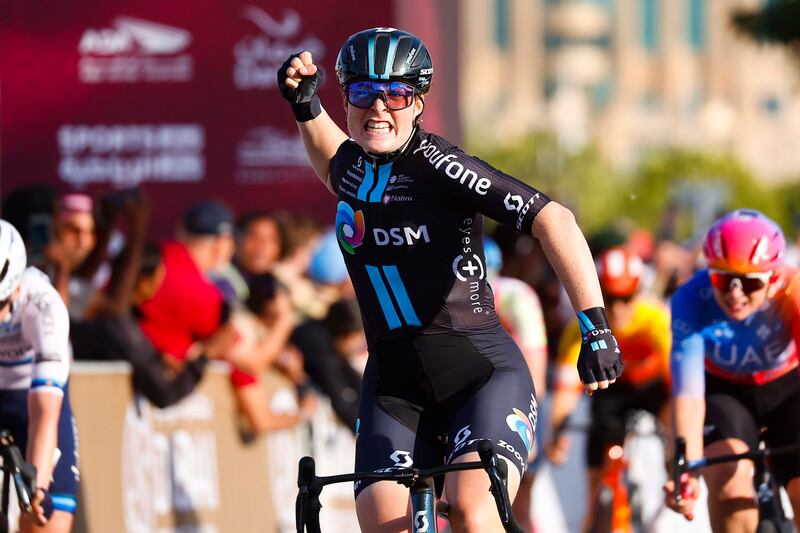Charlotte Kool crosses the line to win the first stage of the UAE Tour Women from Port Rashid to Dubai Harbour on February 9, 2023. All pictures SprintCyclingAgency