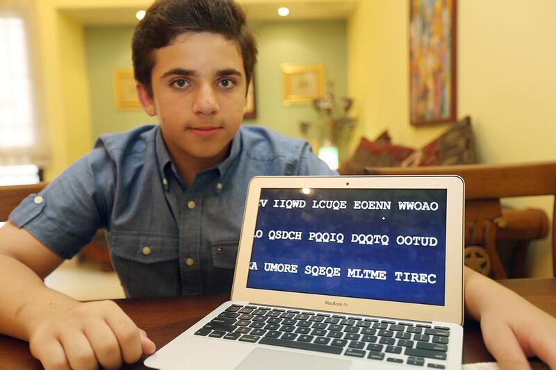 Ayman Kampoori, a pupil at British School Al Khubairat, has cracked five British Intelligence Services codes designed by top cryptographers within three weeks. Sammy Dallal / The National