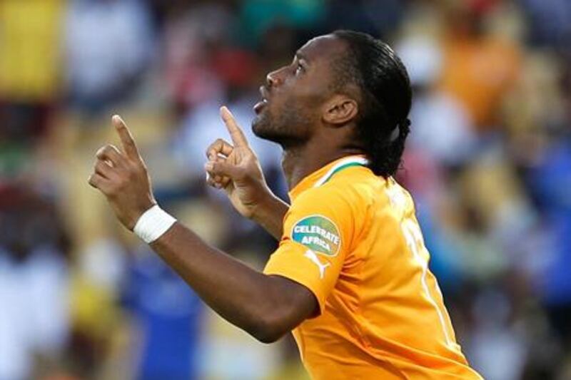 Didier Drogba looks to the skies as he takes to the field for the Ivory Coast at the African Cup of Nations.