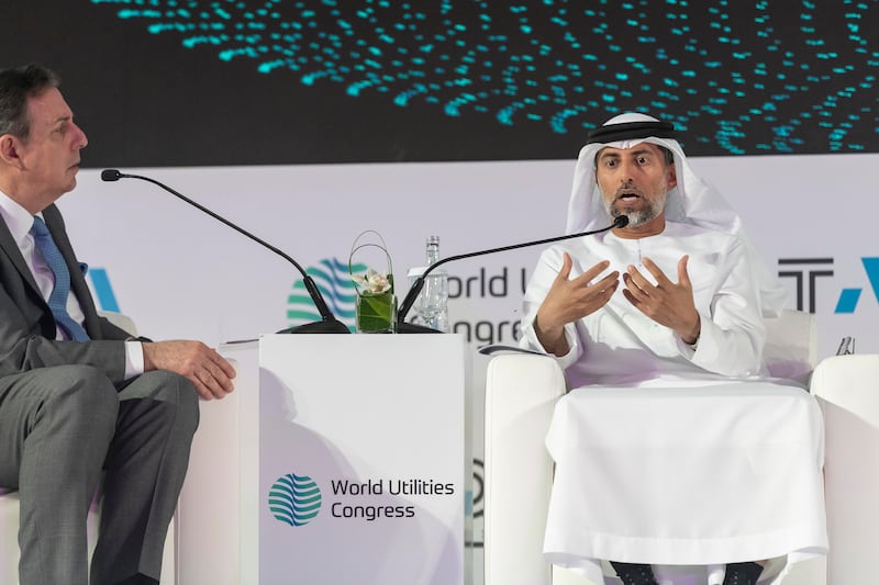 Suhail Al Mazrouei, UAE Minister of Energy and Infrastructure, speaking at the World Utilities Congress on Monday. Antonie Robertson / The National