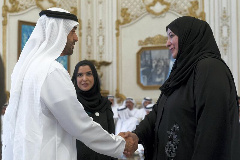 ABU DHABI, UNITED ARAB EMIRATES - October 07, 2019: HH Sheikh Mohamed bin Zayed Al Nahyan, Crown Prince of Abu Dhabi and Deputy Supreme Commander of the UAE Armed Forces (L), receives a member of the Arab Parliament (R), during a Sea Palace barza. Seen with HE Dr Amal Abdullah Al Qubaisi, Speaker of the Federal National Council (FNC) (C).


( Rashed Al Mansoori / Ministry of Presidential Affairs )
---