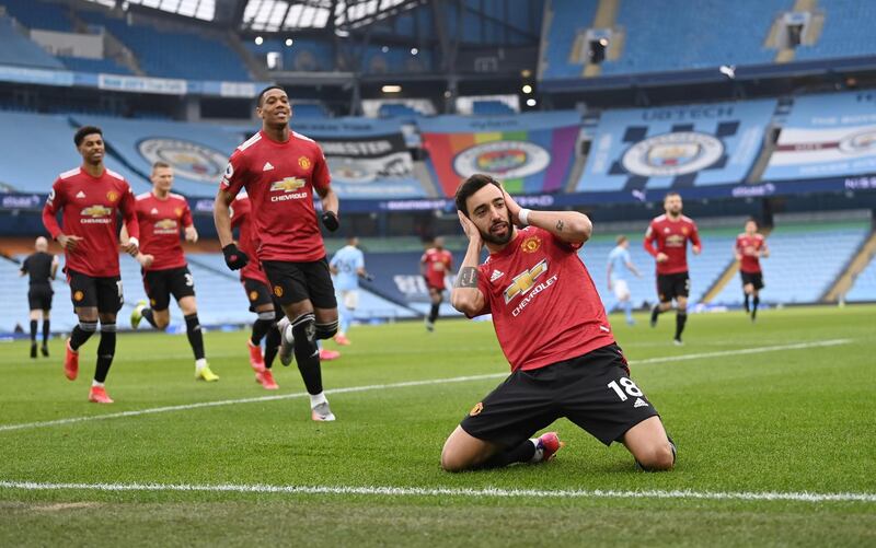 Manchester United's Bruno Fernandes celebrates scoring their first goal in a 2-0 win at Manchester City on Sunday, March 7. Reuters