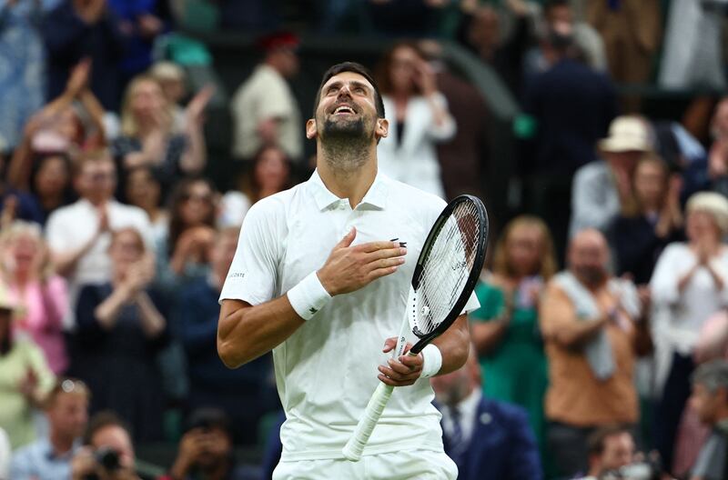 Novak Djokovic celebrates winning his Wimbledon semi-final match against Jannik Sinner. Reuters