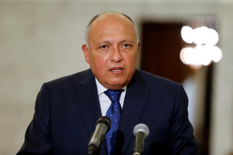 FILE PHOTO: Egyptian Foreign Minister Sameh Shoukry speaks after meeting with Lebanon's President Michel Aoun at the presidential palace in Baabda, Lebanon April 7, 2021. REUTERS/Mohamed Azakir/File Photo