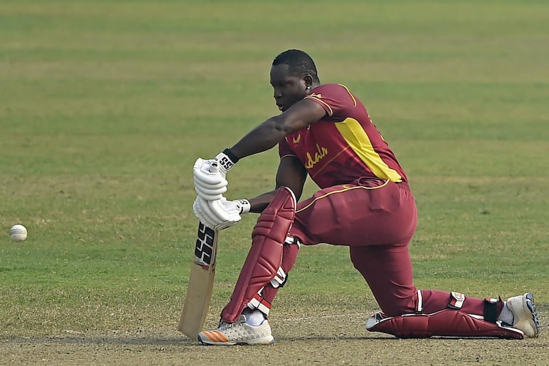 West Indies' Rovman Powell plays a shot during the second one-day international (ODI) cricket match between Bangladesh and West Indies at the Sher-e-Bangla National Cricket Stadium in Dhaka on January 22, 2021. (Photo by Munir Uz zaman / AFP)