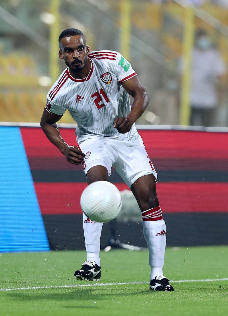 Mahmoud Khamis of the UAE during the game between the UAE and Malaysia in the World cup qualifiers at the Zabeel Stadium, Dubai on June 3rd, 2021. Chris Whiteoak / The National. 
Reporter: John McAuley for Sport