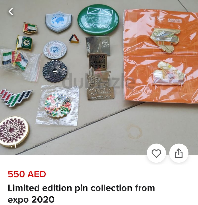 An expo 2020 pin collection on sale for Dh550 on Dubizzle. Most of these were either given out for nothing by some country pavilions or were sold originally for no more than Dh50.