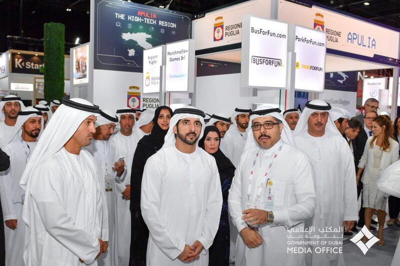 Sheikh Hamdan bin Mohammed, Crown Prince of Dubai, opens Gitex Technology Week at Dubai World Trade Centre on Sunday. Pictured with Amal Al Qubaisi, Speaker of the Federal National Counci. Courtesy Dubai Media Office