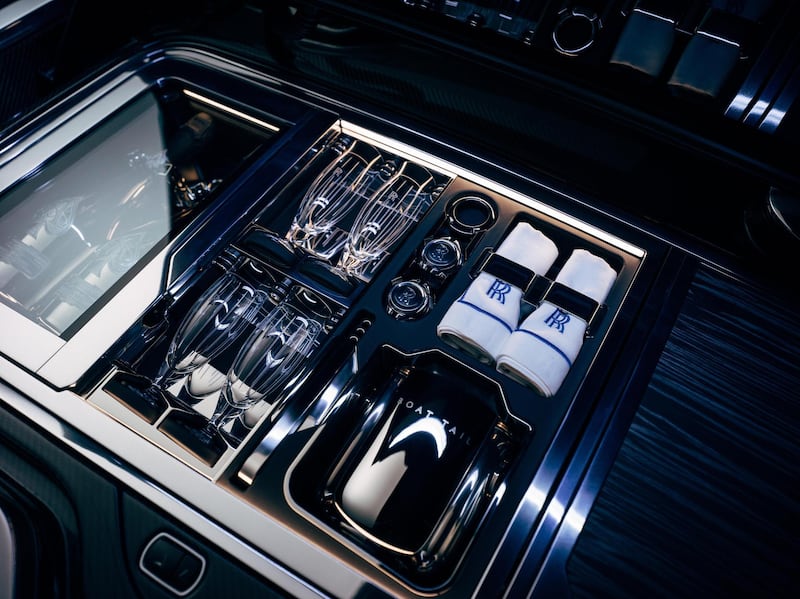 Rolls-Royce Boat Tail Hosting Suite with with champagne refridgerator. Courtesy Rolls-Royce