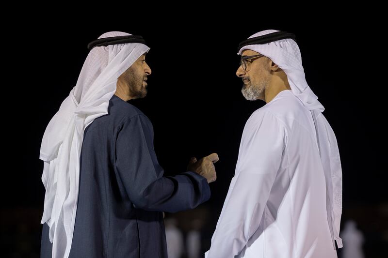 President Sheikh Mohamed and Sheikh Khaled bin Mohamed, Crown Prince of Abu Dhabi and chairman of the Abu Dhabi Executive Council, await the arrival of King Abdullah 