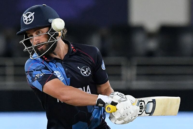 Namibia's Jan Frylinck avoids a bouncer against India. AFP