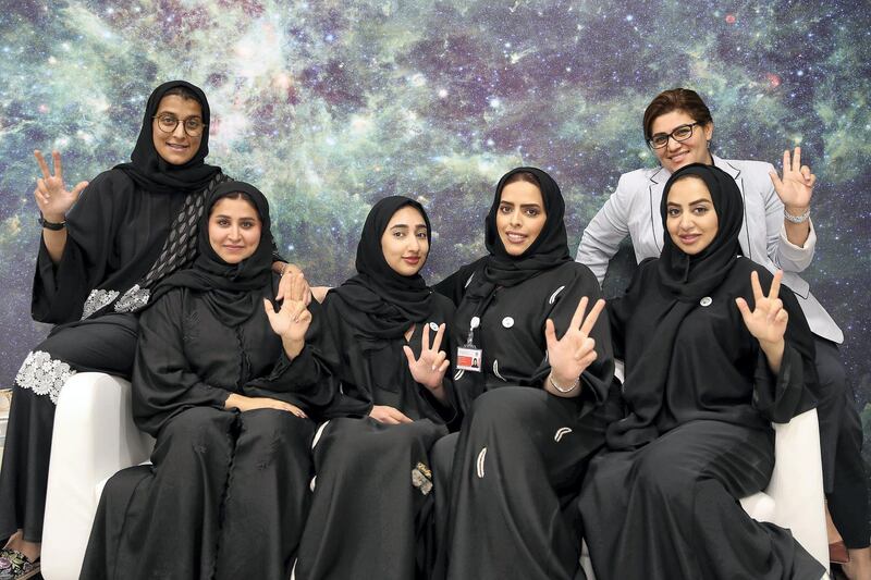 ABU DHABI , UNITED ARAB EMIRATES , APRIL 22 - 2018 :-  Left to Right – Heyam Al Balooshi, Maha Al Ahbabi , Hoor , Salama Al Mansoori , Sheikha Al Maskari and Mona Hajaj from UAE Space Agency women team who will be competing in the government games at the UAE Space Agency office in Abu Dhabi. ( Pawan Singh / The National ) For News. Story by Haneen