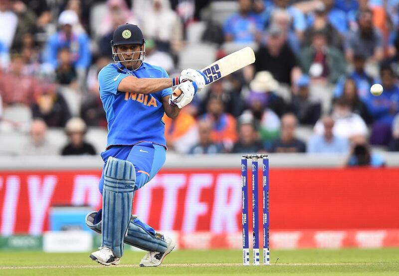 MANCHESTER, ENGLAND - JULY 10:  MS Dhoni of India bats during resumption of the Semi-Final match of the ICC Cricket World Cup 2019 between India and New Zealand after weather affected play at Old Trafford on July 10, 2019 in Manchester, England. (Photo by Nathan Stirk/Getty Images)