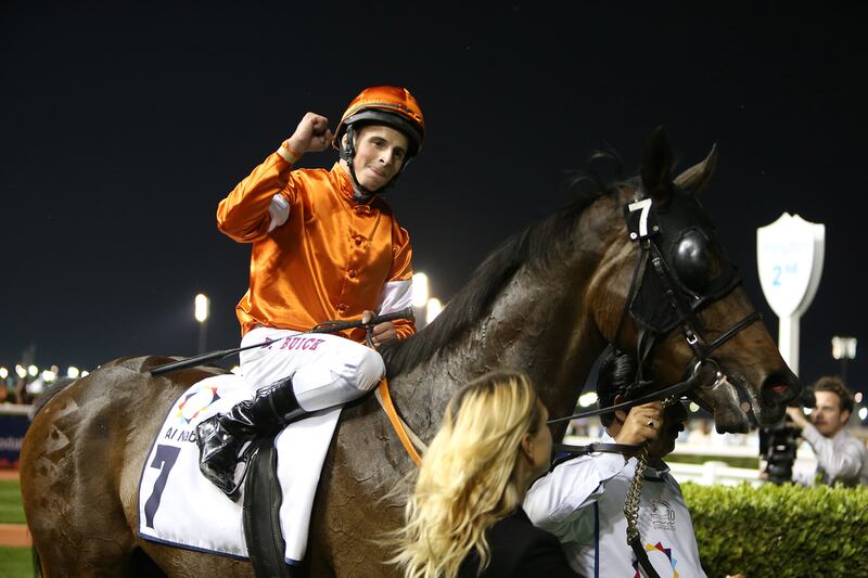 Volatile, ridden by jockey William Buick, won at the Meydan Racecourse in Dubai in February. Pawan Singh / The National