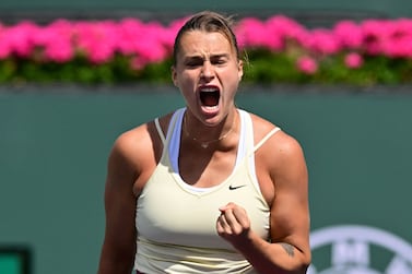 Aryna Sabalenka of Belarus celebrates winning a point against Coco Gauff of the US in their quarterfinal tennis match at the 2023 WTA Indian Wells Open on March 15, 2023 in Indian Wells, California.  (Photo by Frederic J.  BROWN  /  AFP)