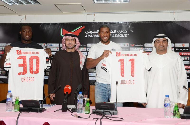 Felipe Caicedo and Jucilei da Silva being introduced at Al Jazira on January 17. Photo Courtesy / Al Jazira Club