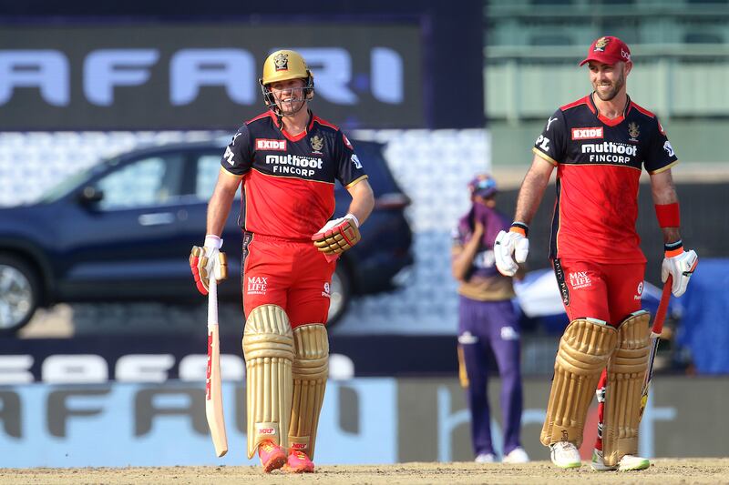 AB de Villiers of Royal Challengers Bangalore and Glenn Maxwell of Royal Challengers Bangalore during match 10 of the Vivo Indian Premier League 2021 between the Royal Challengers Bangalore and the Kolkata Knight Riders held at the M. A. Chidambaram Stadium, Chennai on the 18th April 2021.

Photo by Vipin Pawar / Sportzpics for IPL