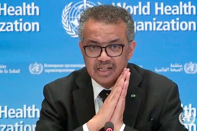 A tv grab taken from the World Health Organization website shows WHO Chief Tedros Adhanom Ghebreyesus delivering a virtual news briefing on COVID-19 (novel coronavirus) at the WHO headquarters in Geneva on March 23, 2020. The new coronavirus pandemic is clearly "accelerating", WHO chief warned on March 23, 2020, but stressed it was still possible to "change the trajectory" of the outbreak. / AFP / -
