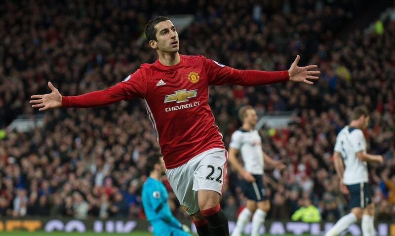 Henrikh Mkhitaryan celebrates after scoring the only goal of the game in Manchester United's Premier League victory over Tottenham Hotspur on Sunday. Peter Powell / EPA