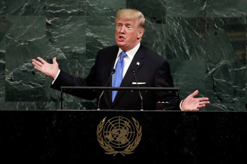
                  U.S. President Donald Trump addresses the 72nd session of the United Nations General Assembly, at U.N. headquarters, Tuesday, Sept. 19, 2017. (AP Photo/Richard Drew)
               