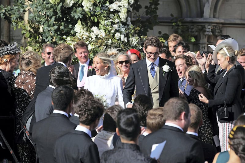 Newly married Ellie Goulding and Caspar Jopling leave York Minster after their wedding, in York, England, Saturday Aug. 31, 2019. (Danny Lawson/PA via AP)