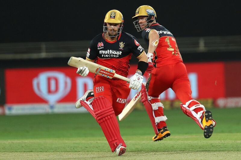AB de Villiers of Royal Challengers Bangalore and Aaron Finch of Royal Challengers Bangalore during match 6 of season 13 of the Dream 11 Indian Premier League (IPL) between Kings XI Punjab and Royal Challengers Bangalore held at the Dubai International Cricket Stadium, Dubai in the United Arab Emirates on the 24th September 2020.  Photo by: Ron Gaunt  / Sportzpics for BCCI