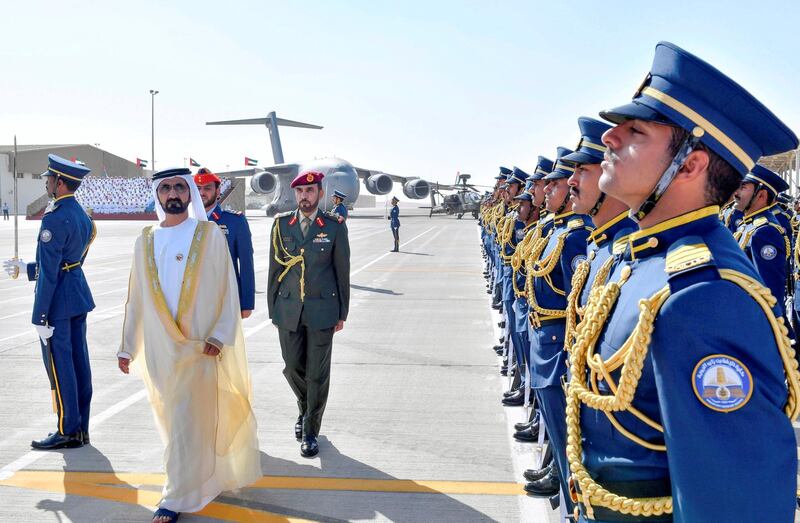 Sheikh Mohammed bin Rashid, Vice President, Ruler of Dubai and Minister of Defence, inspects the graduating cadets. Wam