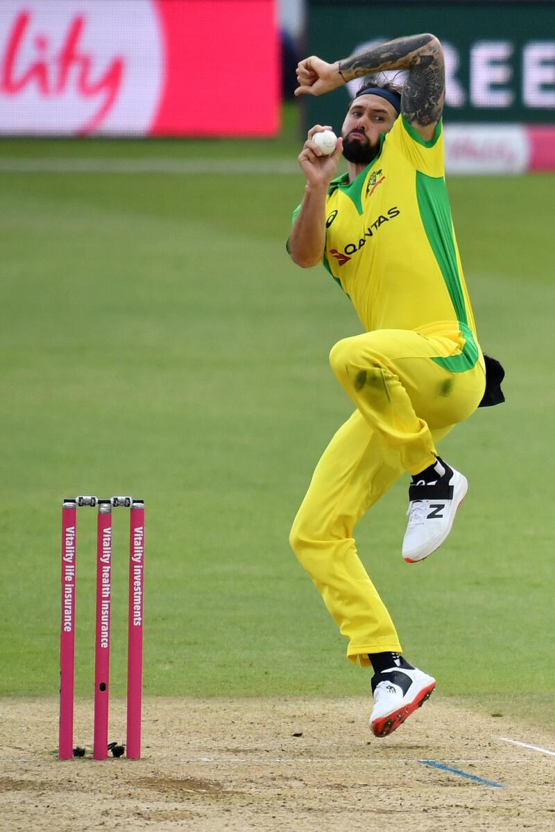 Australia's Kane Richardson bowls during the international Twenty20 cricket match between England and Australia at the Ageas Bowl in Southampton, southern England on September 8, 2020. (Photo by Glyn KIRK / POOL / AFP) / RESTRICTED TO EDITORIAL USE. NO ASSOCIATION WITH DIRECT COMPETITOR OF SPONSOR, PARTNER, OR SUPPLIER OF THE ECB