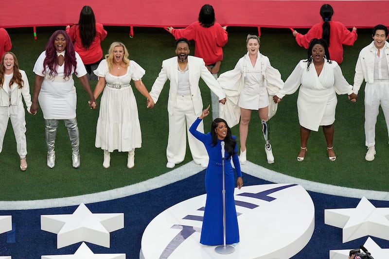 Country music artist Mickey Guyton performs the US national anthem before Super Bowl match. AP