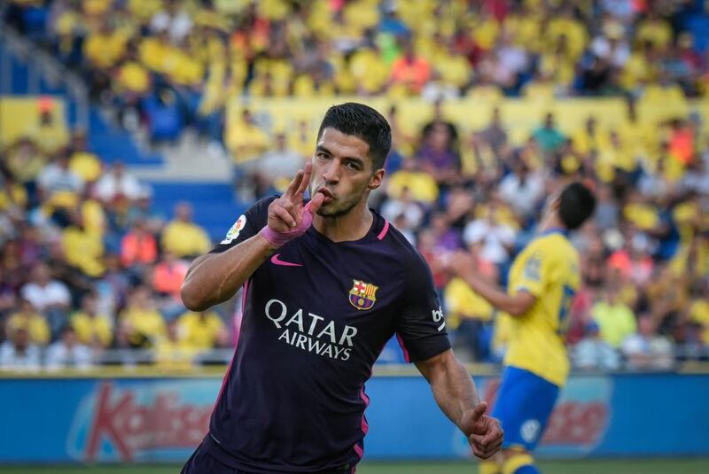 Barcelona’s Uruguayan forward Luis Suarez celebrates a goalagainst Las Palmas. Desiree Martin / AFP