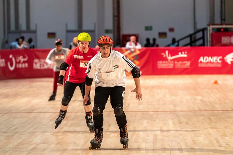 ABU DHABI, UNITED ARAB EMIRATES. 15 MARCH 2019. Special Olympics action at ADNEC. Rollerskating 100m Yazeed Ibrahim, Jordan. Nr 70. (Photo: Antonie Robertson/The National) Journalist: None: National.