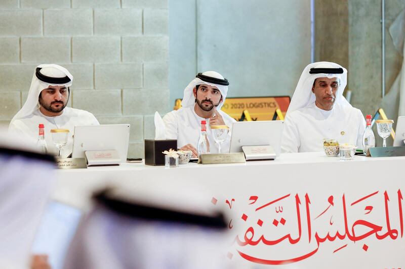 Dubai Crown Prince Sheikh Hamdan bin Mohammed bin Rashid Al Maktoum chairs a meeting of the Executive Council of Dubai at Expo2020 in presence of Maktoum Bin Mohammed, Deputy Ruler of Dubai. Wam