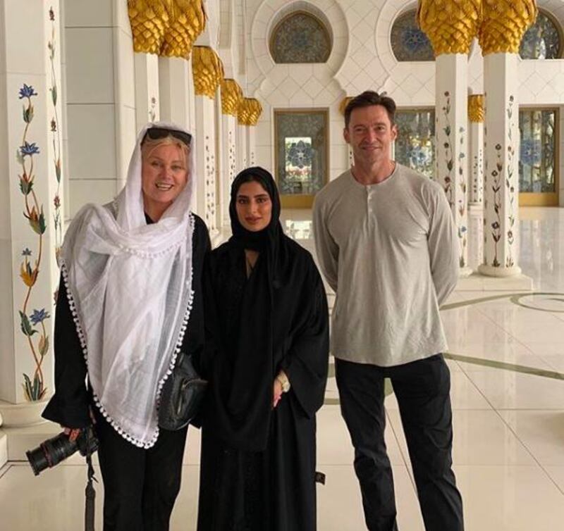 Hugh Jackman with wife, Deborra-Lee Furness, at the Sheikh Zayed Grand Mosque in Abu Dhabi. Instagram / Hugh Jackman