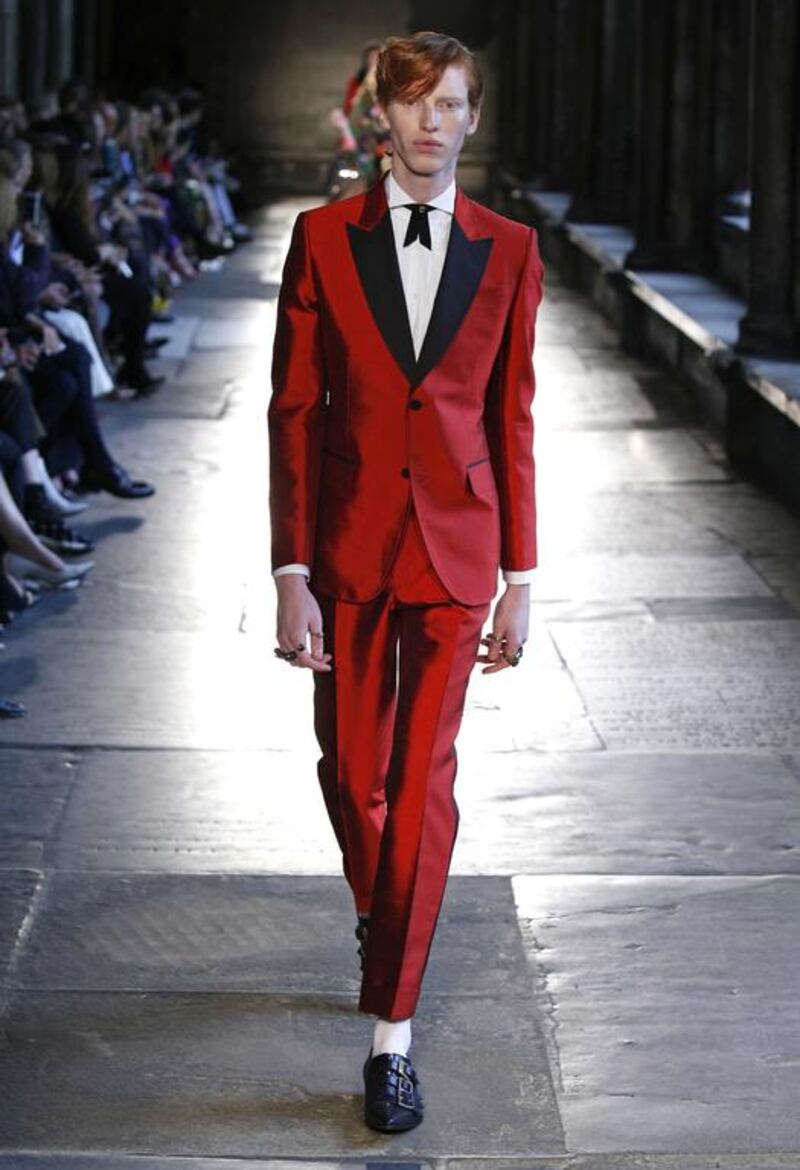Bold red suiting for Look 91 at the Gucci Cruise Collection 2017. Courtesy Gucci.