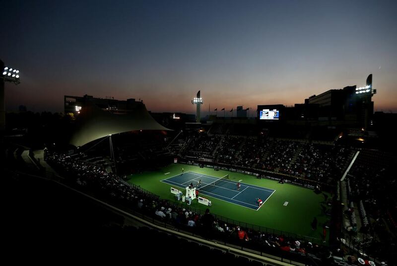 Raquel Kops-Jones and Abigail Spears of the USA play Alla Kudryavtseva of Russia and Anastasia Rodionova of Australia during the doubles final of the Dubai Dury Free Tennis Championship at the Dubai Tennis Stadium on February 22, 2014. Warren Little / Getty Images